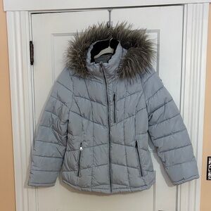 Marc New York Blue Puffer Jacket with Grey Faux Fur Trim. Size L. Polyester.